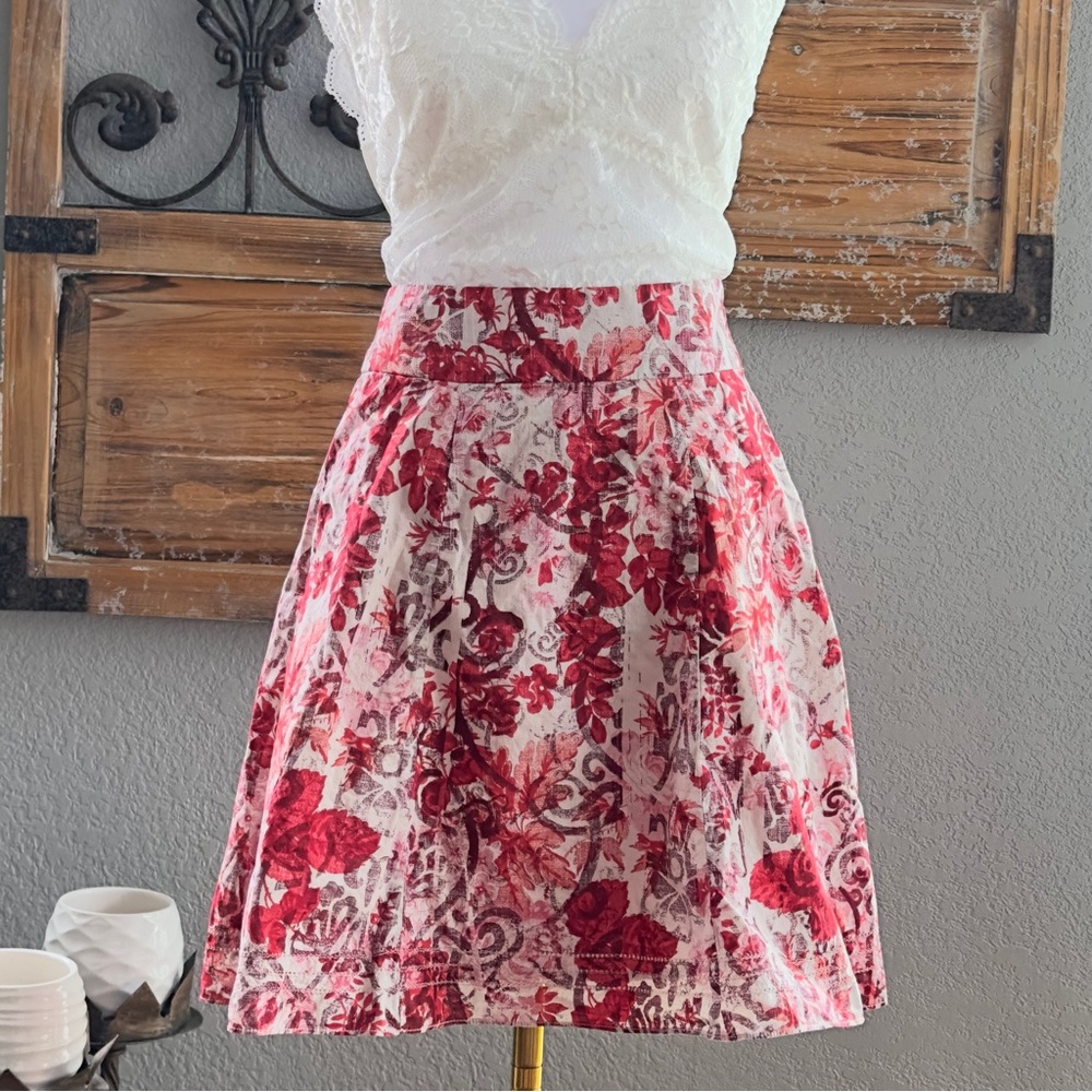 Gap Ivory Red Pink Abstract Floral Full Cotton Side Zip Skirt with Pockets -Sz 0